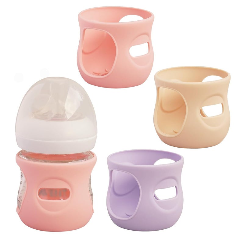 Kingwi 3 Pack Silicone Sleeves for Avent Natural Glass Baby Bottles, Anti Breakage Baby Bottle Holder, Compatible with Philips Avent Glass Natural Baby Bottle (Cute Pink+Light Purple+Beige, 4 OZ) - Image 1